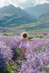 Poster - A little girl walking through a field of purple flowers. Suitable for nature and outdoor themes