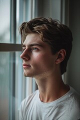 Poster - A young man looking out a window. Suitable for various concepts