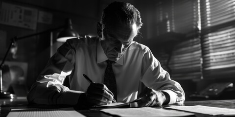 Poster - A man sitting at a desk writing on a piece of paper. Suitable for office, education, or business concepts