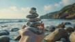 © Fotograf - A person holding a stack of rocks near the ocean, suitable for nature and relaxation concepts