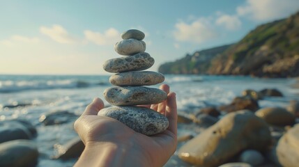 Poster - A person holding a stack of rocks near the ocean, suitable for nature and relaxation concepts