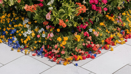 Wall Mural - A flowerbed with bright colorful flowers with a sidewalk.