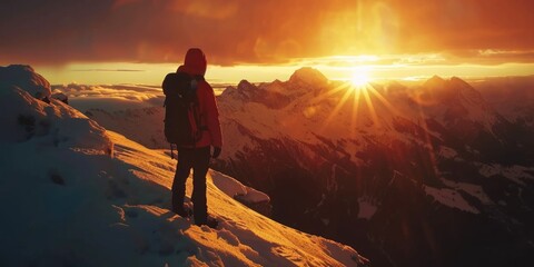 Sticker - A person standing on top of a snow covered mountain. Suitable for outdoor adventure concepts