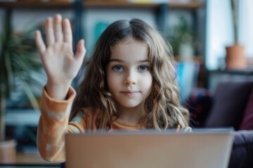 Poster - A young girl sitting in front of a laptop. Ideal for technology concepts