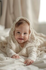 Poster - A baby laying on a bed covered in a blanket, suitable for nursery or parenting concepts