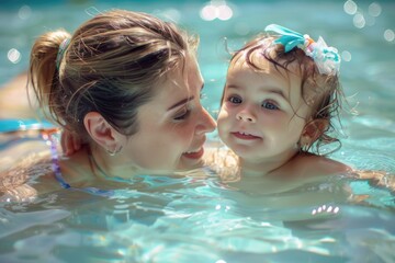 Poster - A woman and a little girl enjoying time in a pool. Perfect for family summer activities