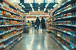 Blurred grocery store aisle with customers shopping, ideal for retail and consumerism concepts.