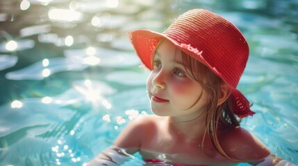 Poster - A young girl wearing a red hat in a pool. Perfect for summer themes