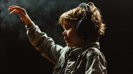 Poster - Young boy wearing headphones and pointing at something. Suitable for technology or education concepts