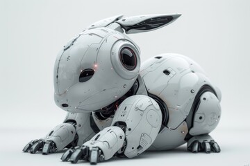 Poster - This detailed image showcases a robotic bunny with intricate design, appearing contemplative and intelligent
