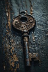 Poster - An antique key resting on a rustic wooden table. Perfect for vintage or antique themes