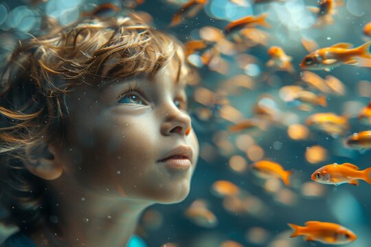 A mesmerizing view of vivid orange goldfish swimming freely in a deep blue water environment