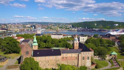 Sticker - Akershus Fortress aerial panoramic view in Oslo, Norway. Akershus Festning is a medieval fortress that was built to protect Oslo.