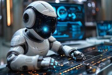 Poster - intelligent white robot operates a futuristic interface with precision and care