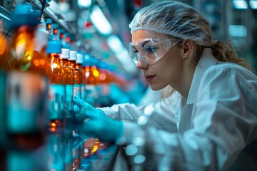 Poster - An attentive female scientist is conducting an experiment in a laboratory, surrounded by colorful test tubes and equipment