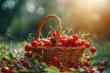 Poster - Fresh cherries in a basket on green grass, perfect for summer themes