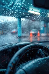 Canvas Print - Raindrops on a car windshield. Ideal for weather or transportation concepts