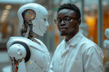 Poster - An engineer stands face to face with a humanoid robot, exploring the convergence of humans and machines