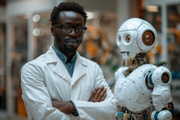 Poster - A male scientist in a lab coat standing confidently next to a humanoid robot, symbolizing AI development