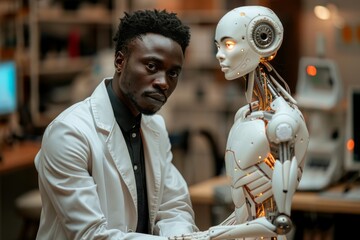 Poster - A focused scientist adjusts a humanoid robot, showcasing human-robot interaction in a lab setting
