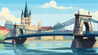 Famous bridge over the city in Biatorbgy 2d flat cartoon