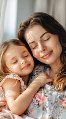 Wall Mural - Little girl embracing her mother and smiles