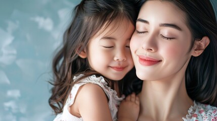 Wall Mural - Little girl embracing her mother and smiles