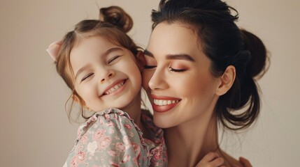 Wall Mural - Little girl embracing her mother and smiles