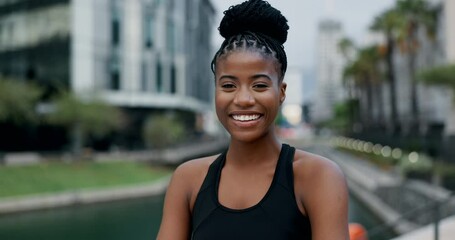 Sticker - Happy, portrait or black woman in city with arms crossed for running, exercise or fitness workout in town. Confident, smile or female sports athlete ready to start practice for wellness or training