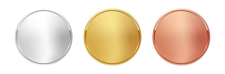 Poster - award golden, silver and bronze blank medals 3d vector realistic illustration. first, second and thi