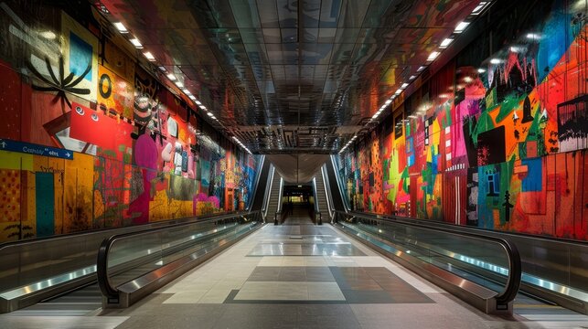 Underground subway station featuring modern art murals and interactive media installations, --ar 16:9