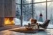 © BetterPhoto - Modern cozy living room with fireplace and winter view