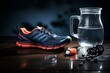 Running shoes, stopwatch, and water bottle on a black table, capturing the essentials for a runner with space for personalized content.