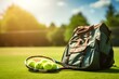 Tennis racket, balls, and a sports bag on a tennis court surrounded by fresh green grass, highlighting the essentials for a tennis match with copy space.