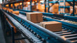 Close up shot of cardboard box on conveyor belt inside warehouse facility