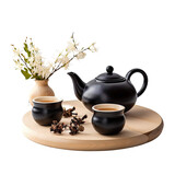 Fototapeta Londyn - tea set (teapot, cups and tea) isolated on transparent background. AI.