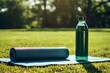 Yoga mat, blocks, and a water bottle on a grassy field, creating a serene fitness scene with space for workout-related content.