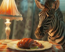 Fantastic Realism Scene, Zebra Beside Peking Duck, Hearth Light, Plumbeotype Finish , 8k Resolution, Minimalist, Pastel Color, Close-up,