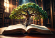 Tree growing out of open book. Generative AI