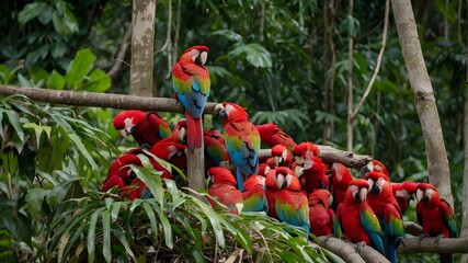 Wall Mural - Near the Chuncho Clay Lid in Tambopata, in the Amazonian rainforest of Manu National Park, Peru, is a flock of red-and-green and scarlet macaws.