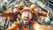 © Anoo - A group of funny, cheerful construction workers wearing hard hats and orange shirts, engaging in conversation and laughter on a construction site