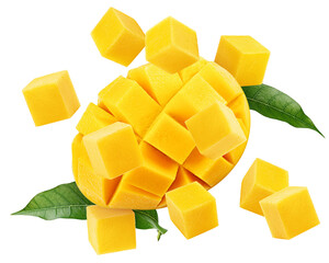 Wall Mural - falling mango cubes isolated on white background, full depth of field