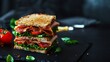 Leckere Sandwich mit Tomaten Wurst und Salat angerichtet als Foodfotografie mit schwarzen Hintergrund, ai generativ
