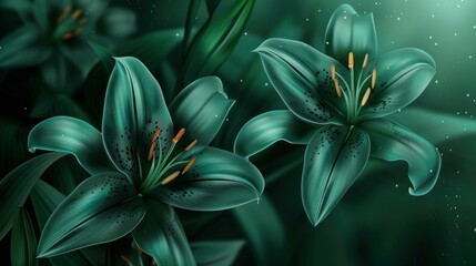 Wall Mural - Beautiful green lilies with water droplets on dark background symbolizing freshness and purity