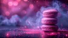   Three Pink Macaroons Stacked On A Table Against A Pink And Blue Background