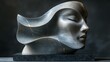   A sculpture portrays a woman's face in repose Her eyes are closed Her head reclines on a wooden block