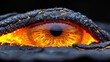   A tight shot of an orange eye in a lava pit's center, surrounded by fiery liquid, against a backdrop of absolute darkness