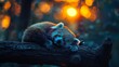   A raccoon naps on a tree branch as the sun filters through leaves, backdrop adorned with twinkling string lights