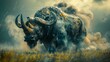   A painting of a bison in a field with heavy smoke billowing from its back