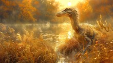  In A Field Of Tall Grass, A Dinosaur Stands Near A Body Of Water Background Comprises Trees